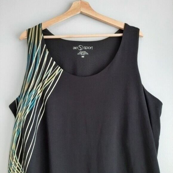 AE SPORT Athletic Tank Top Ruched Sides Black Wave Pattern Sz 4X - Picture 3 of 9